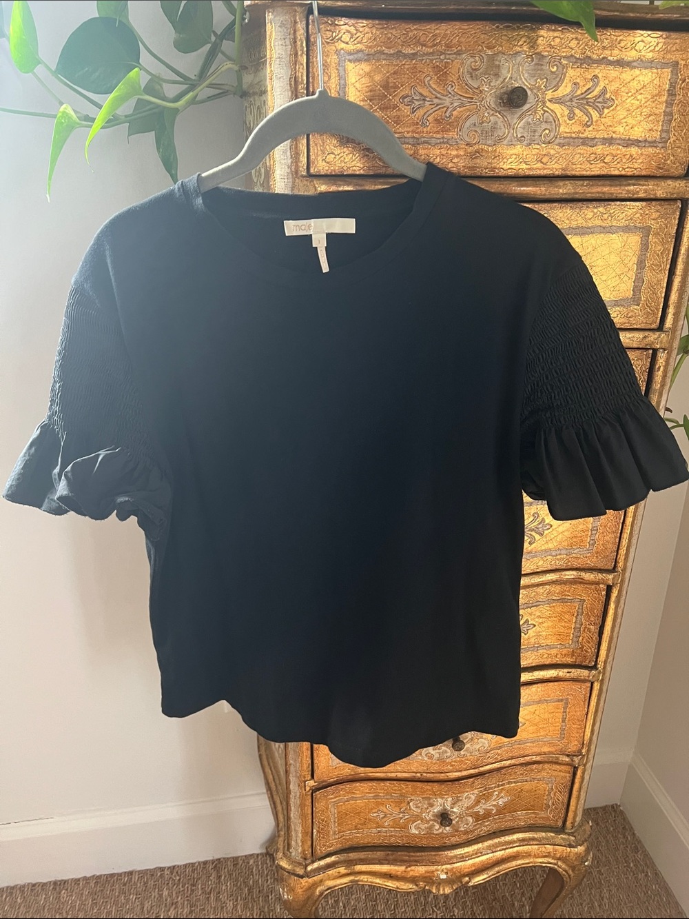 Maje Lars Smocked-Sleeve Tee Black Size Small